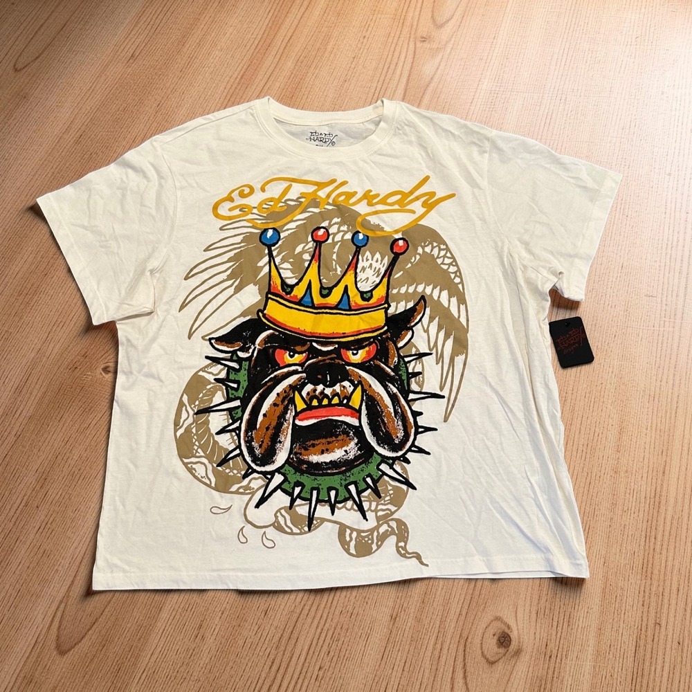 Ed Hardy T-Shirt Mens 2XL Ivory Bulldog Crown Graphic EHMR1100-26 Y2K NWT